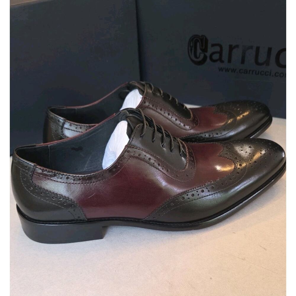 Carrucci Wingtip Oxford Full Brogue Mens Dress Leather Shoes Black/Burgundy 10.5 - Picture 2 of 7